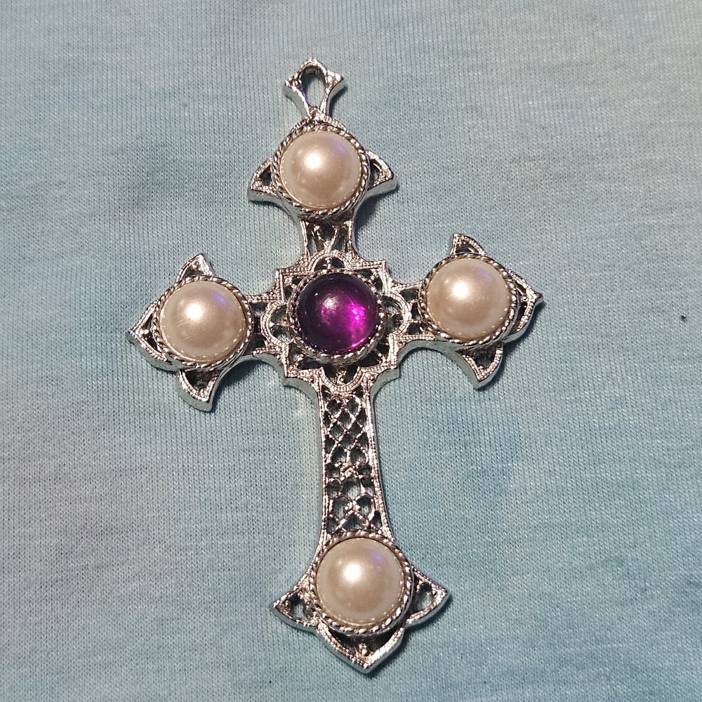 Sarah Coventry Silver Pendant with Purple and Pearl Accents - Chain Not Included